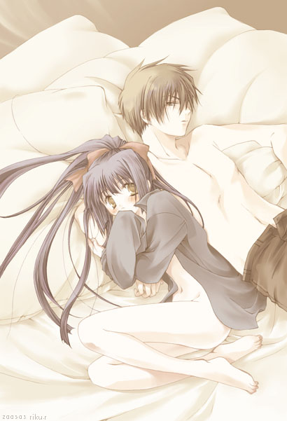 mota, hayama kouichi, kuraki suzuna, kao no nai tsuki, original, 00s, 1boy, 1girl, animal ears, bed, bottomless, clothes lift, flat chest, fox ears, gloves, loli, long hair, naked shirt, nipples, no panties, purple hair, scarf, shirt, shirt lift, shoes, sword, topless female, weapon