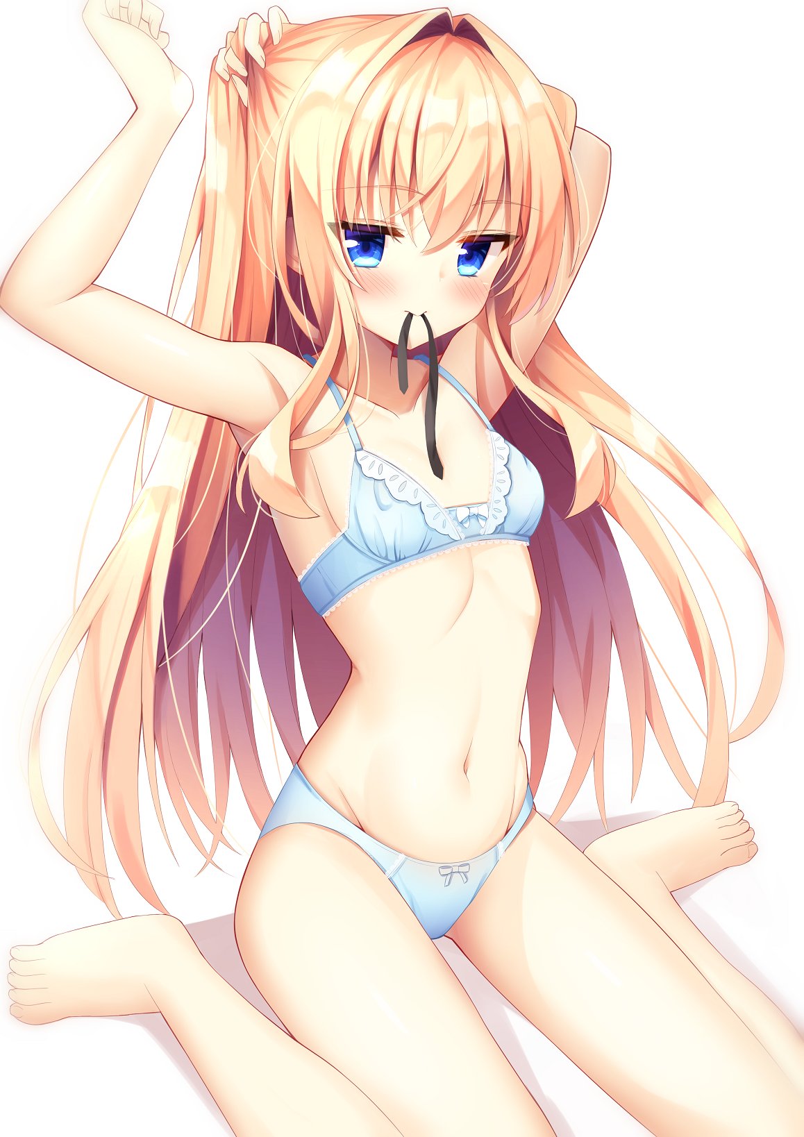 hiragana iroiro, original, commentary request, highres, 1girl, armpit peek, black ribbon, blonde hair, blue bra, blue eyes, blue panties, blush, bow, bow bra, bow panties, bra, breasts, collarbone, colored inner hair, full body, groin, hair intakes, hair over shoulder, hair ribbon, hair tie in mouth, hands up, long hair, long sidelocks, mouth hold, multicolored hair, navel, panties, ribbon, sidelocks, simple background, sitting, small breasts, solo, stomach, tying hair, underwear, underwear only, very long hair, wariza, white background