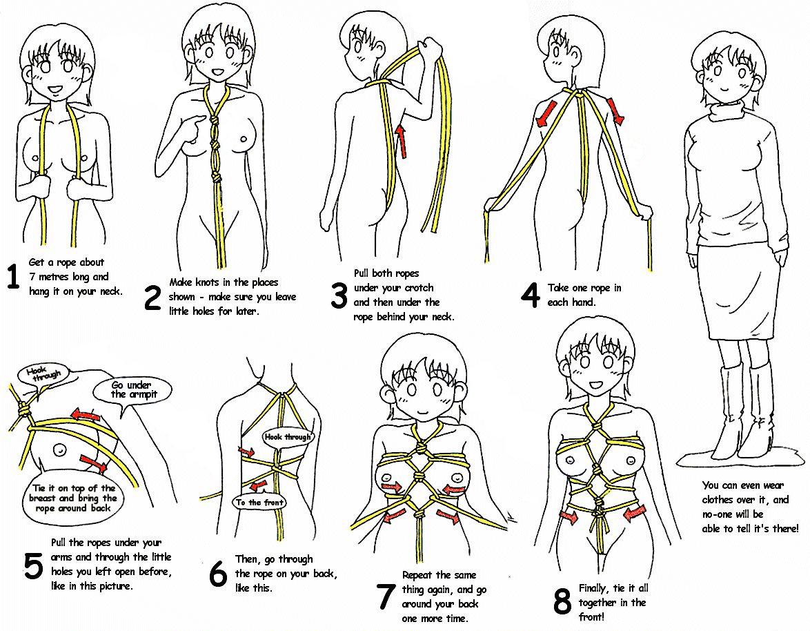 original, 1girl, bdsm, bondage, bound, breasts, crotch rope, diagram, female focus, how to, kikkou shibari, monochrome, multiple views, nipples, nude, reference sheet, rope, self bondage, shibari, spot color, text focus, white background