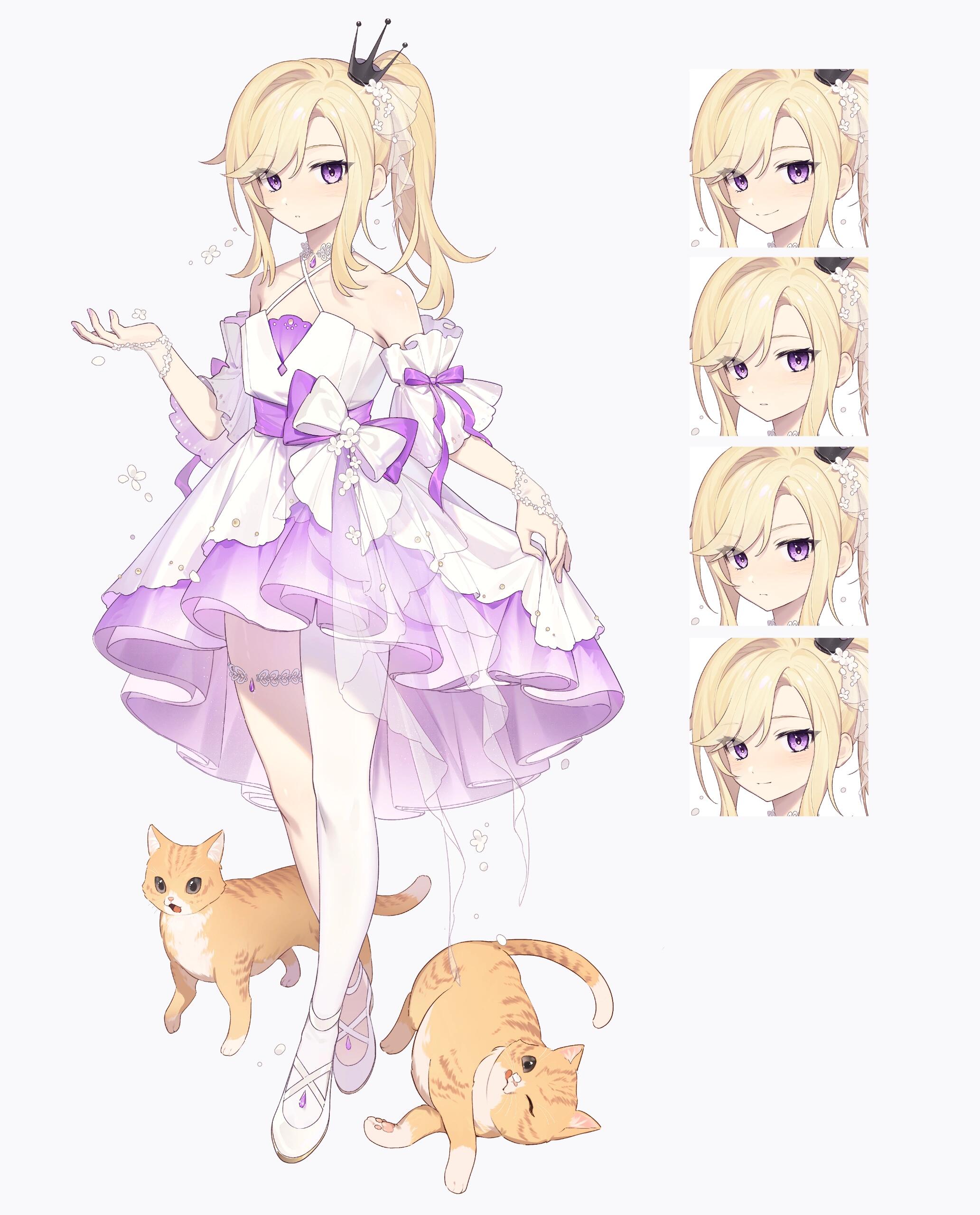 ebifurai (15121299912), benghuai xueyuan, honkai (series), absurdres, bad source, highres, 1girl, animal, bare shoulders, blonde hair, blush, cat, closed mouth, criss-cross halter, crown, detached sleeves, dress, flower, full body, hair ornament, halterneck, hand up, long hair, looking at viewer, mini crown, multiple expressions, multiple views, orange cat, ponytail, purple eyes, shoes, side ponytail, sidelocks, simple background, single thighhigh, smile, standing, thighhighs, white background, white dress