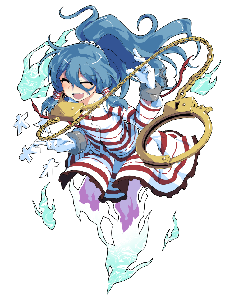 dairi, miyadeguchi mizuchi, touhou, commentary request, large variant set, variant set, 1girl, alphes (style), blue hair, blush, chain, cuffs, ghost tail, gloves, grin, hair ornament, hair tubes, long hair, long sleeves, parody, ponytail, shackles, shikigami, shirt, skirt, skull hair ornament, smile, solo, striped clothes, striped shirt, striped skirt, style parody, tachi-e, transparent background, white gloves, white shirt, white skirt