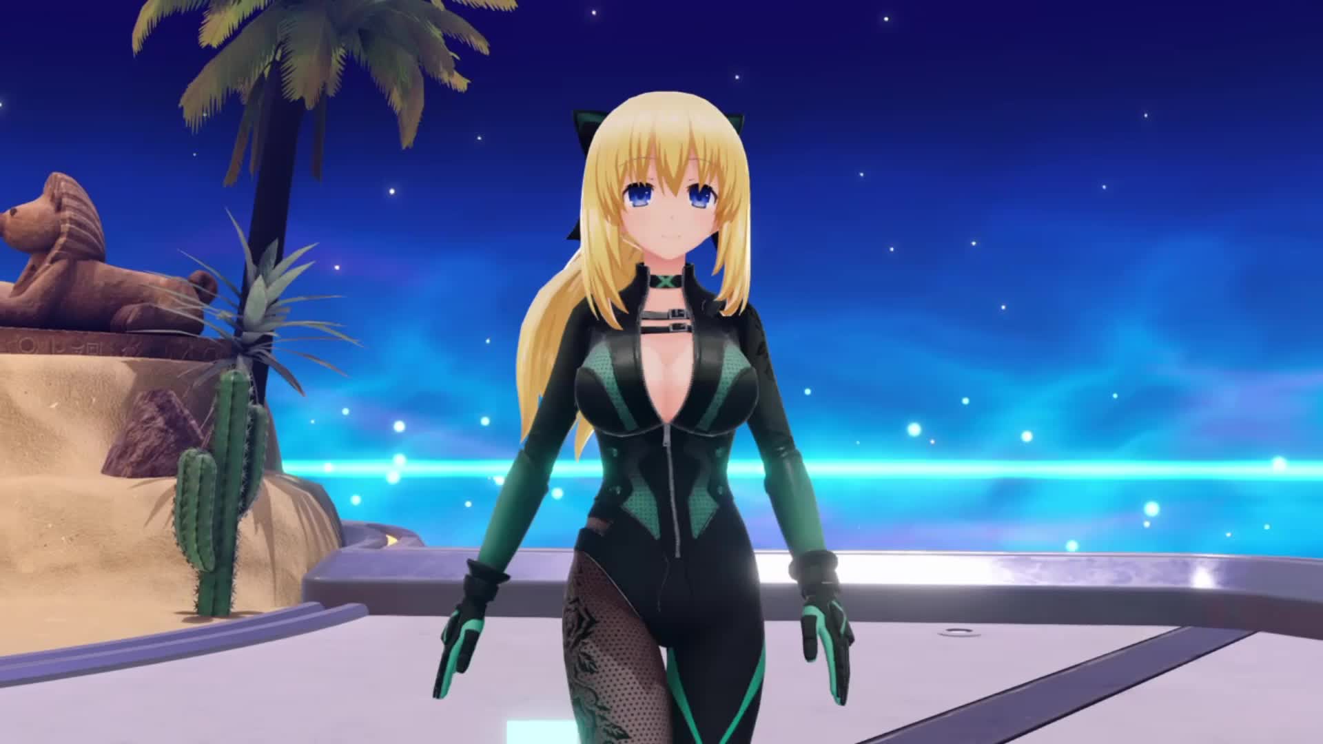 vert (neptunia), neptune (series), animated, highres, tagme, video, 1girl, 3d, alternate costume, alternate hairstyle, blue eyes, bodysuit, bouncing breasts, breasts, cleavage, gloves, hair ribbon, jiggle, large breasts, legs, looking at viewer, no bra, ponytail, ribbon, smile, thighs, unzipped, walking