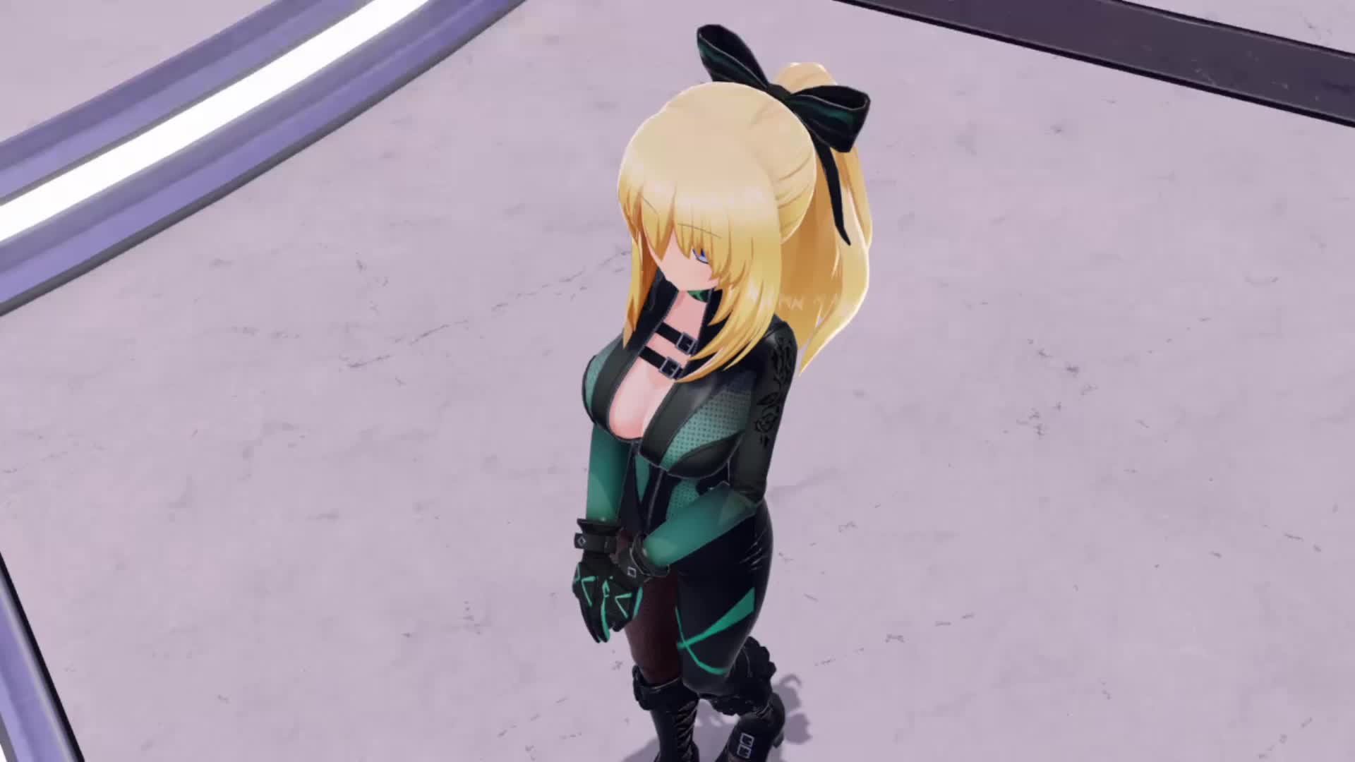 vert (neptunia), neptune (series), animated, highres, tagme, video, 1girl, 3d, alternate costume, alternate hairstyle, blue eyes, bodysuit, bouncing breasts, breasts, cleavage, from above, gloves, hair ribbon, jiggle, large breasts, legs, no bra, ponytail, ribbon, smile, thighs, unzipped, walking