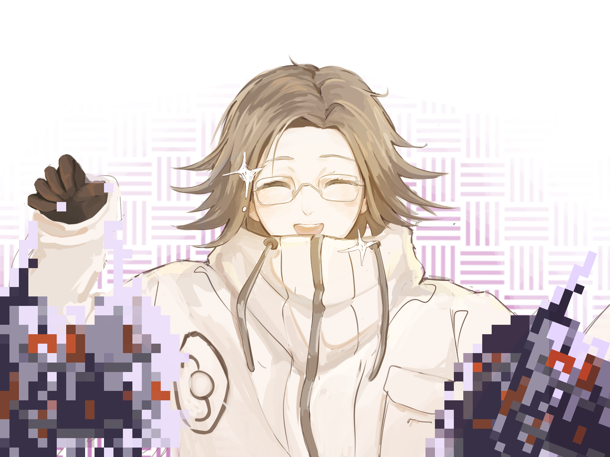 aotsuki eito, the hundred line -last defense academy-, chinese commentary, derivative work, highres, screenshot redraw, variant set, 1boy, ^ ^, black gloves, breast pocket, censored, closed eyes, fantuan10929, glasses, gloves, grey hair, hand up, jacket, looking at viewer, male focus, mosaic censoring, pocket, purple background, short hair, simple background, smile, solo, sparkle, teeth, two-tone background, upper body, upper teeth only, white background, white jacket