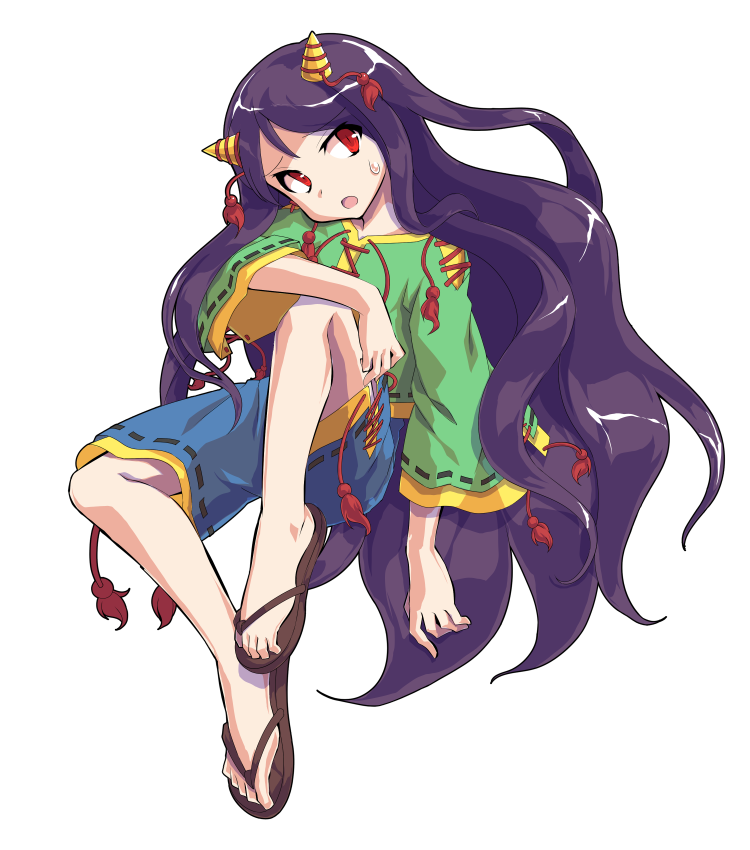 dairi, nippaku zanmu, touhou, commentary request, large variant set, variant set, 1girl, alphes (style), blue shorts, cone horns, flip-flops, full body, green shirt, horn ornament, horn ribbon, horns, long hair, long sleeves, parody, purple hair, ribbon, sandals, shirt, shorts, solo, style parody, tachi-e, tears, transparent background, wide sleeves, yellow horns