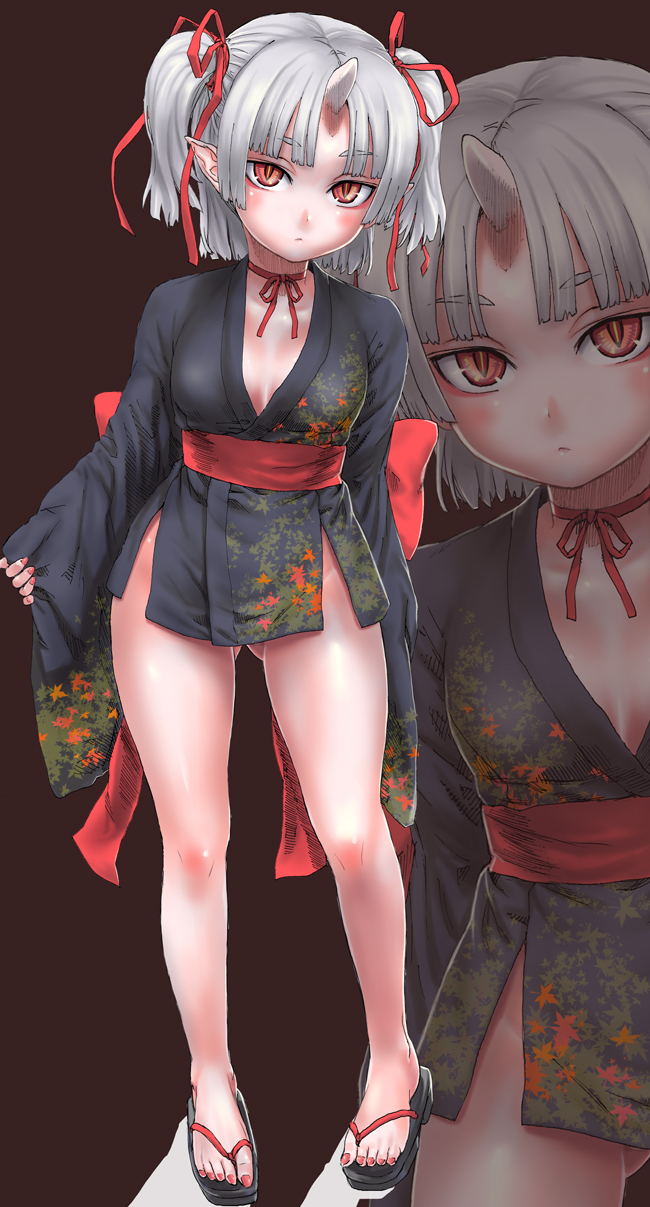 asanagi, original, highres, 1girl, bare legs, choker, demon girl, demon horns, feet, female focus, grey hair, hair ribbon, hip focus, horns, japanese clothes, jitome, kimono, looking at viewer, nail polish, oni, orange eyes, pointy ears, ribbon, ribbon choker, sandals, short hair, short kimono, single horn, slit pupils, solo, toenail polish, toenails, twintails, white hair, wide hips, wide sleeves, zoom layer, zouri