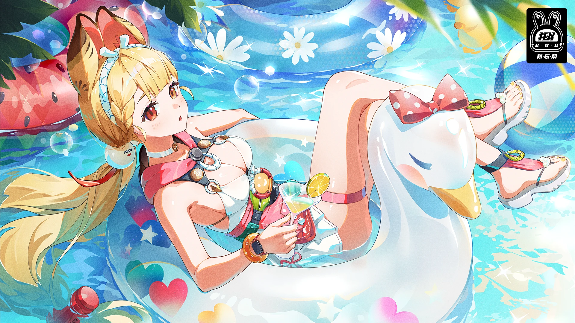 alice thymefield, alice thymefield (sea of thyme), zenless zone zero, artist request, highres, second-party source, 1girl, animal ears, bare shoulders, beach volleyball, blonde hair, braid, breasts, cleavage, crossed legs, hair ornament, heterochromia, large breasts, long hair, looking at viewer, low twintails, official alternate costume, outdoors, parted lips, rabbit ears, rabbit girl, red eyes, sandals, solo, swim ring, swimsuit, thigh strap, twintails, very long hair, white sandals, yellow eyes