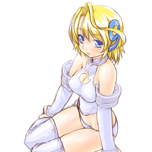 dd (ijigendd), os9, apple inc., macintosh, os-tan, 1girl, apple, blonde hair, blue eyes, blue panties, blue shirt, blue thighhighs, blush, breasts, cleavage, cleavage cutout, clothing cutout, covered erect nipples, elbow gloves, female focus, food, fruit, gloves, hair ornament, halterneck, large breasts, looking at viewer, midriff, number hair ornament, open mouth, panties, shirt, short hair, simple background, sitting, sleeveless, sleeveless shirt, smile, solo, thighhighs, underwear, white background