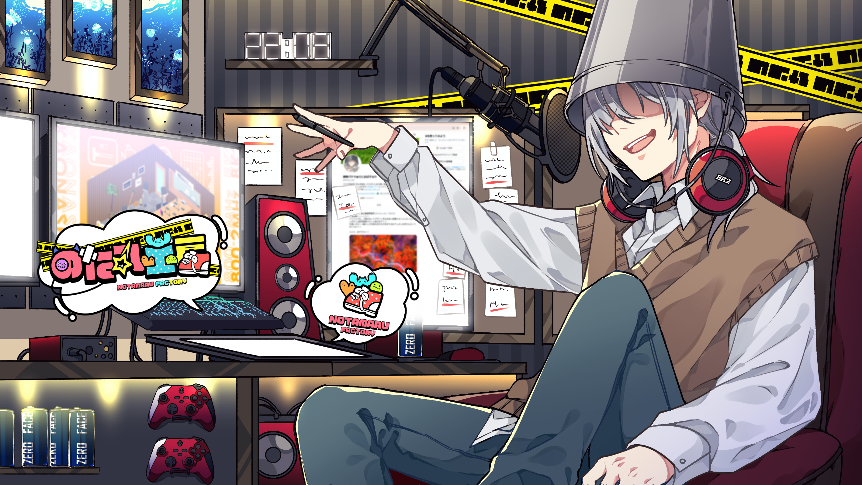 notamaru 2, indie virtual youtuber, commentary request, highres, 1boy, :d, blue pants, brown sweater vest, bucket, bucket on head, caution tape, chair, collared shirt, computer keyboard, controller, drawing tablet, energy drink, feet out of frame, game controller, hand up, headphones, headphones around neck, holding, holding stylus, indoors, kaonashi baketsu, long sleeves, male focus, microphone, monitor, object on head, on chair, open mouth, pants, shirt, sitting, smile, solo, speaker, stylus, sweater vest, virtual youtuber, white shirt