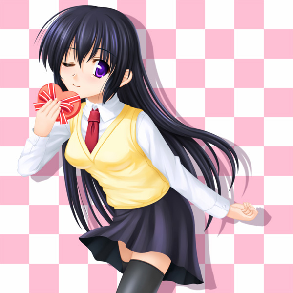 totokichi, original, 1girl, female focus, gift, holding, holding gift, miniskirt, school uniform, serafuku, skirt, solo, sweater, sweater vest, thighhighs, valentine, vest, zettai ryouiki