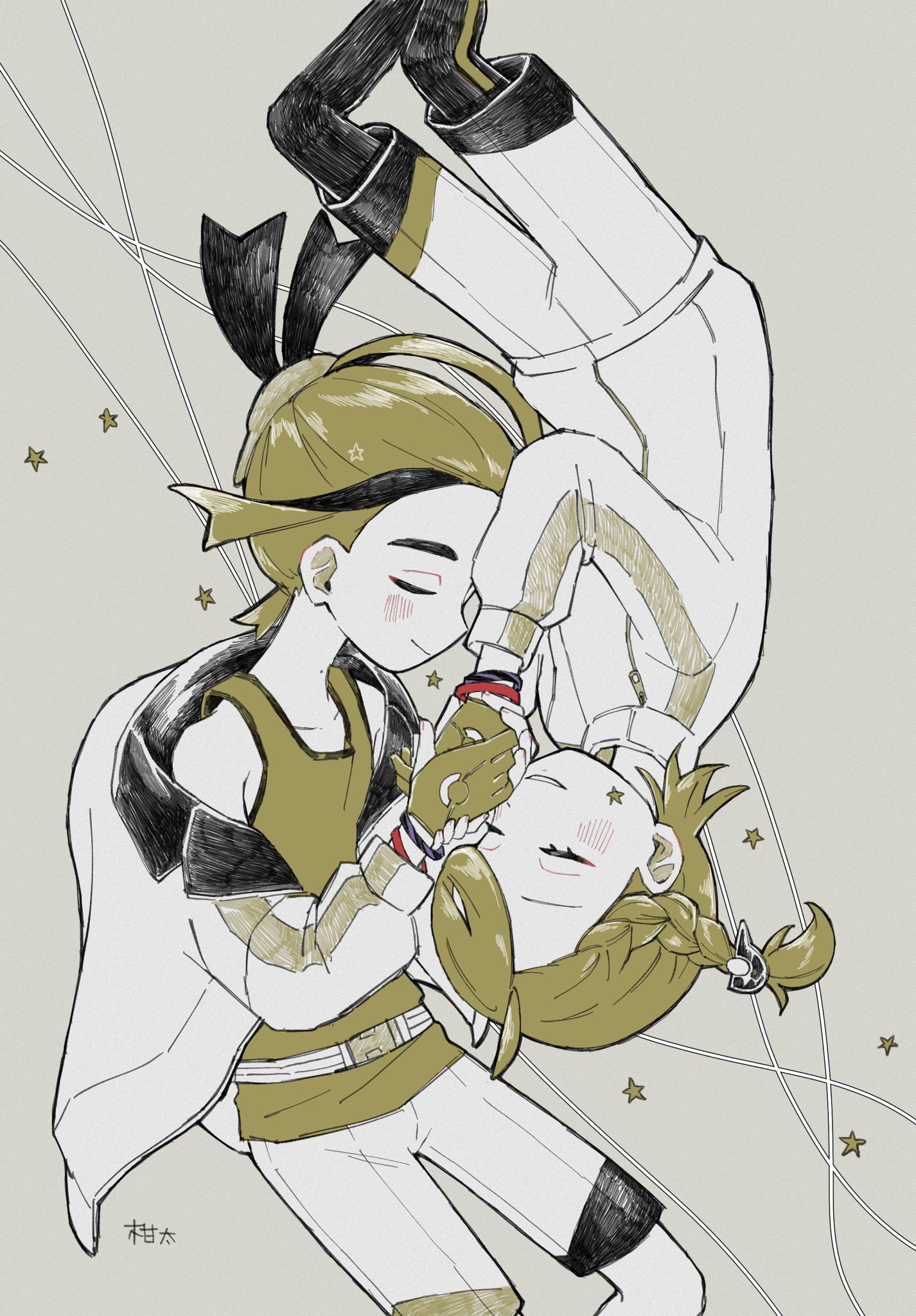 kanchan kani, juliana (pokemon), kieran (pokemon), nintendo, pokemon, pokemon sv, highres, 1boy, 1girl, blush, braid, closed eyes, closed mouth, eyelashes, gloves, hair ornament, hetero, holding hands, jacket, leggings, long sleeves, monochrome, multicolored hair, off shoulder, open clothes, open jacket, parted lips, shorts, signature, simple background, single glove, star (symbol), tank top