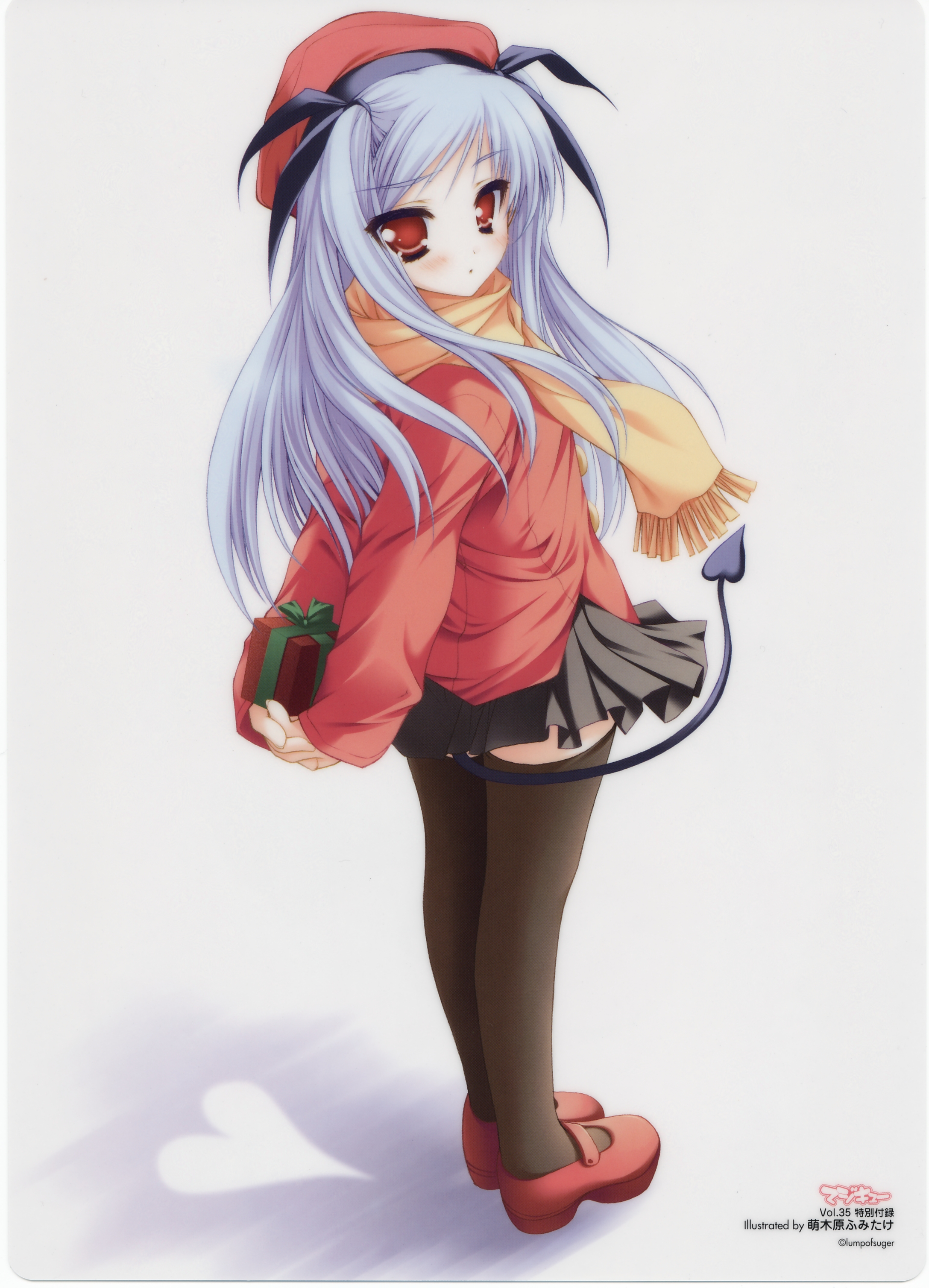 moekibara fumitake, magi-cu, absurdres, highres, 1girl, blush, demon girl, female focus, full body, gift, long hair, red eyes, red shoes, shoes, solo, standing, tail, thighhighs, two side up, valentine, white background