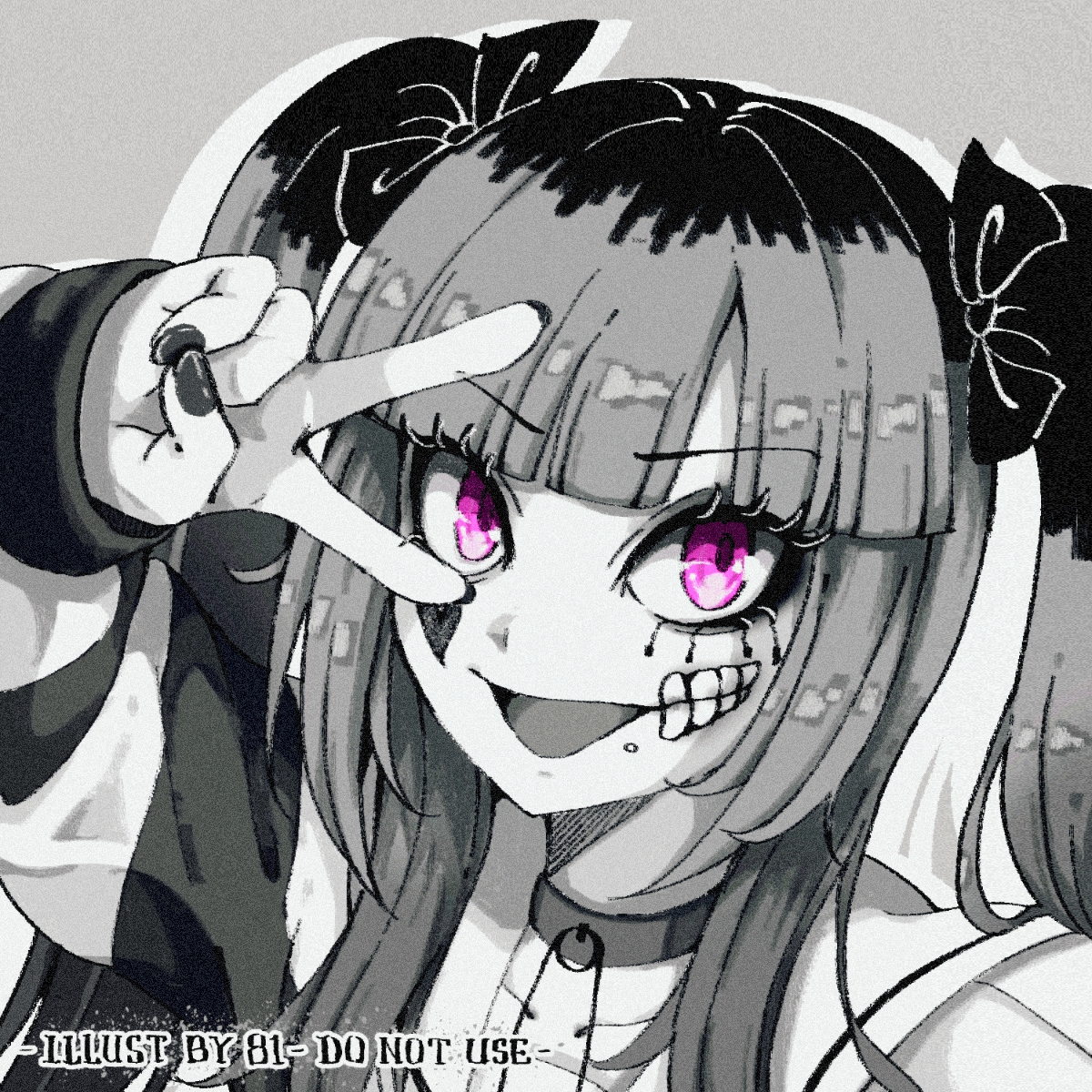 iese'niya, amemiya darumi, the hundred line -last defense academy-, commentary, highres, 1girl, :d, artist name, black bow, blunt bangs, bow, drop shadow, eyelashes, grey background, greyscale, hair bow, hand up, long hair, looking at viewer, makeup, monochrome, nail polish, open mouth, portrait, purple eyes, sidelocks, simple background, sleeves past wrists, smile, smug, solo, straight hair, twintails, v, v-shaped eyebrows, v over eye