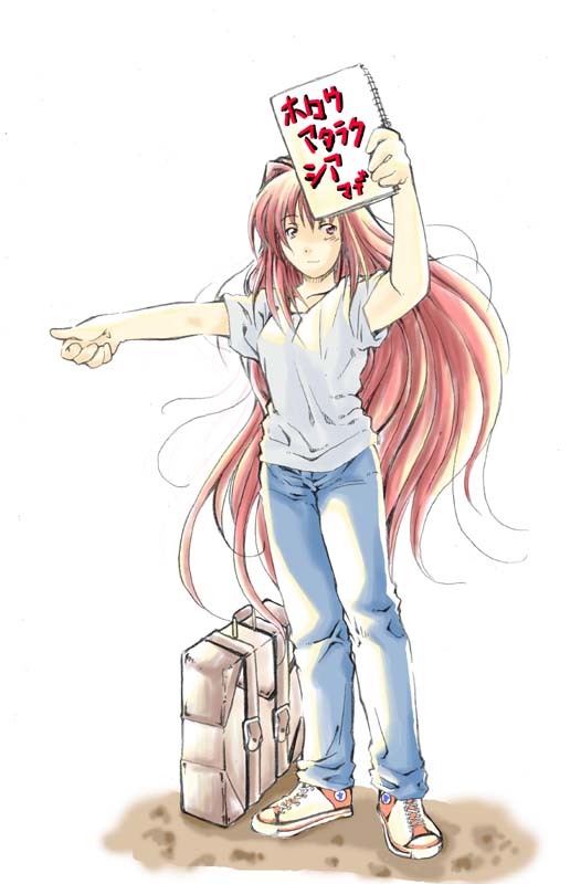iwaki hiro, aozaki aoko, converse, tsukihime, translated, 00s, 1girl, denim, female focus, hitchhiking, holding, holding sign, jeans, long hair, looking at viewer, notebook, pants, red hair, shoes, sign, simple background, sneakers, solo, suitcase, very long hair, white background