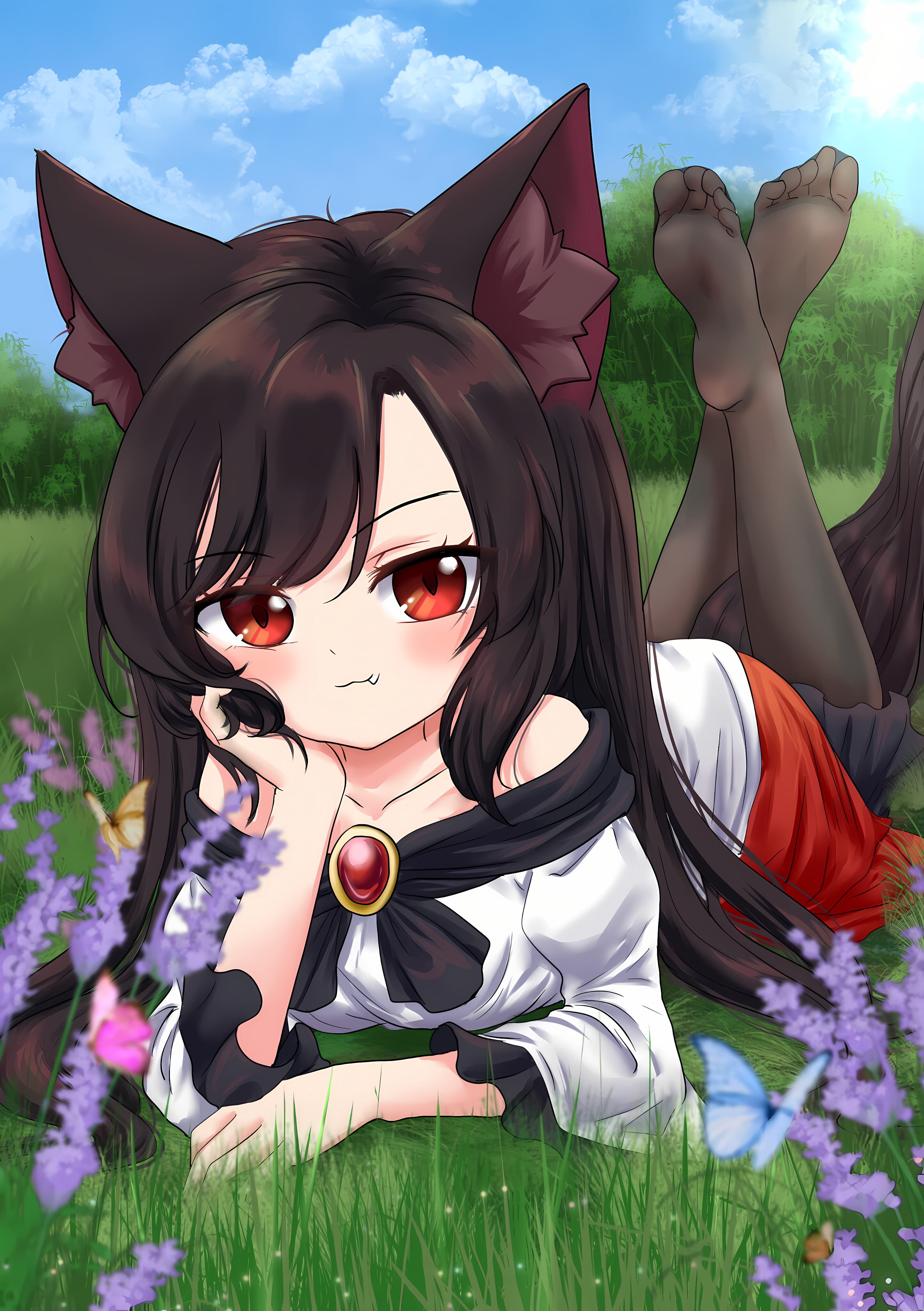 qi lang3568, imaizumi kagerou, touhou, absurdres, highres, 1girl, :3, animal ears, arm support, bamboo, bamboo forest, blurry, brown hair, bug, butterfly, depth of field, dress, fang, fang out, field, flower, forest, frilled dress, frilled sleeves, frills, full body, grass, head rest, insect, lavender (flower), long hair, looking at viewer, nature, no shoes, off-shoulder dress, off shoulder, on ground, red dress, red eyes, smile, tail, three-quarter sleeves, two-tone dress, white dress, wolf ears, wolf girl, wolf tail