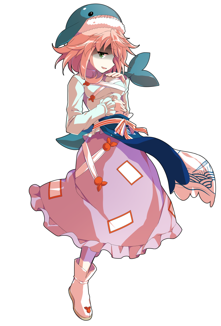 dairi, okunoda miyoi, lotus eaters, touhou, commentary request, large variant set, variant set, 1girl, alphes (style), apron, blue apron, blue hat, boots, breasts, cetacean tail, collared shirt, fins, fish girl, fish tail, from side, full body, green eyes, half-closed eyes, hand on own chest, hand on own stomach, hat, light smile, long sleeves, looking at viewer, medium breasts, medium hair, messy hair, parody, parted lips, pink hair, purple skirt, shaded face, shirt, simple background, skirt, solo, standing, standing on one leg, style parody, sweatdrop, tachi-e, tail, transparent background, two-tone apron, whale hat, white apron, white boots, white shirt, wing collar