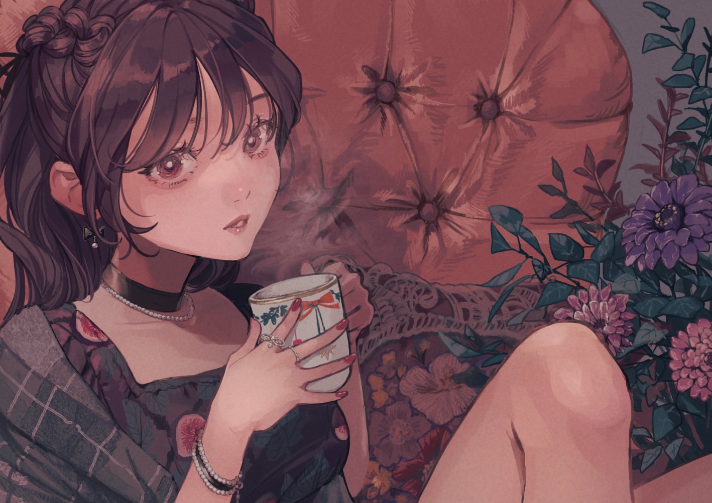 hina (xoxo), original, 1girl, black choker, bracelet, brown eyes, brown hair, choker, couch, cup, earrings, flower, hair bun, holding, holding cup, jewelry, long hair, looking at viewer, mug, necklace, parted lips, pink flower, sitting, solo, steam