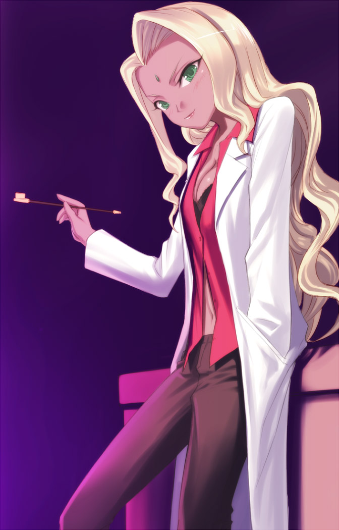 uni (plastic girl), rakshata chawla, code geass, 00s, 1girl, blonde hair, bra, breasts, cleavage, dark-skinned female, dark skin, female focus, green eyes, holding, holding smoking pipe, kiseru, lab coat, laksharta, lingerie, long hair, medium breasts, smoking pipe, solo, underwear