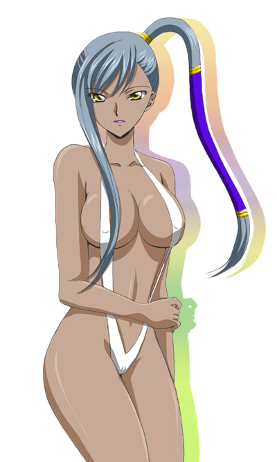 sinko (sinsin), villetta nu, code geass, 00s, 1girl, breasts, dark-skinned female, dark skin, female focus, grey hair, slingshot swimsuit, solo, swimsuit, yellow eyes