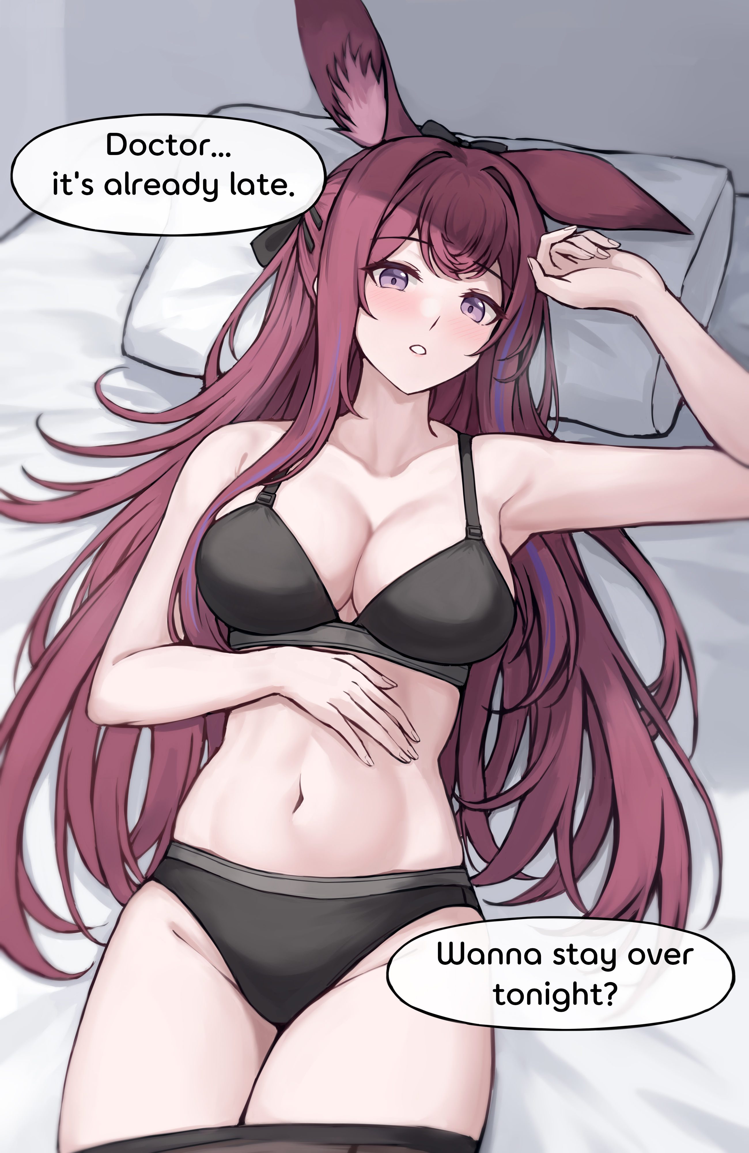 gongbangmanchi (daisy cutter), ray (arknights), arknights, absurdres, commentary, english commentary, highres, 1girl, animal ears, bed sheet, black bra, black panties, black pantyhose, blush, bra, breasts, cleavage, clothes pull, collarbone, english text, hair intakes, head on pillow, large breasts, long hair, looking at viewer, lying, multicolored hair, navel, on back, on bed, panties, pantyhose, pantyhose pull, pillow, purple eyes, purple hair, purple streaks, rabbit ears, rabbit girl, red hair, solo, speech bubble, stomach, streaked hair, thighs, underwear