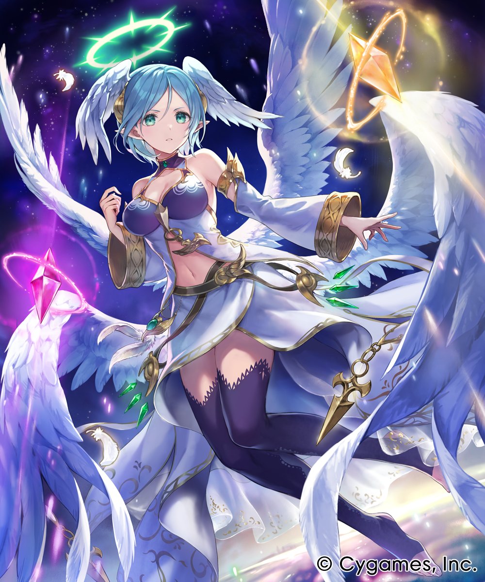 ame8desu, aether (shadowverse), shadowverse, shadowverse: worlds beyond, commentary request, highres, official art, 1girl, angel, angel wings, bare shoulders, black thighhighs, blue hair, breasts, cleavage, company name, detached sleeves, dress, feathered wings, floating, floating object, green eyes, halo, head wings, large breasts, looking at viewer, multiple wings, navel, outdoors, pointy ears, short hair, solo, thighhighs, white dress, white wings, wings
