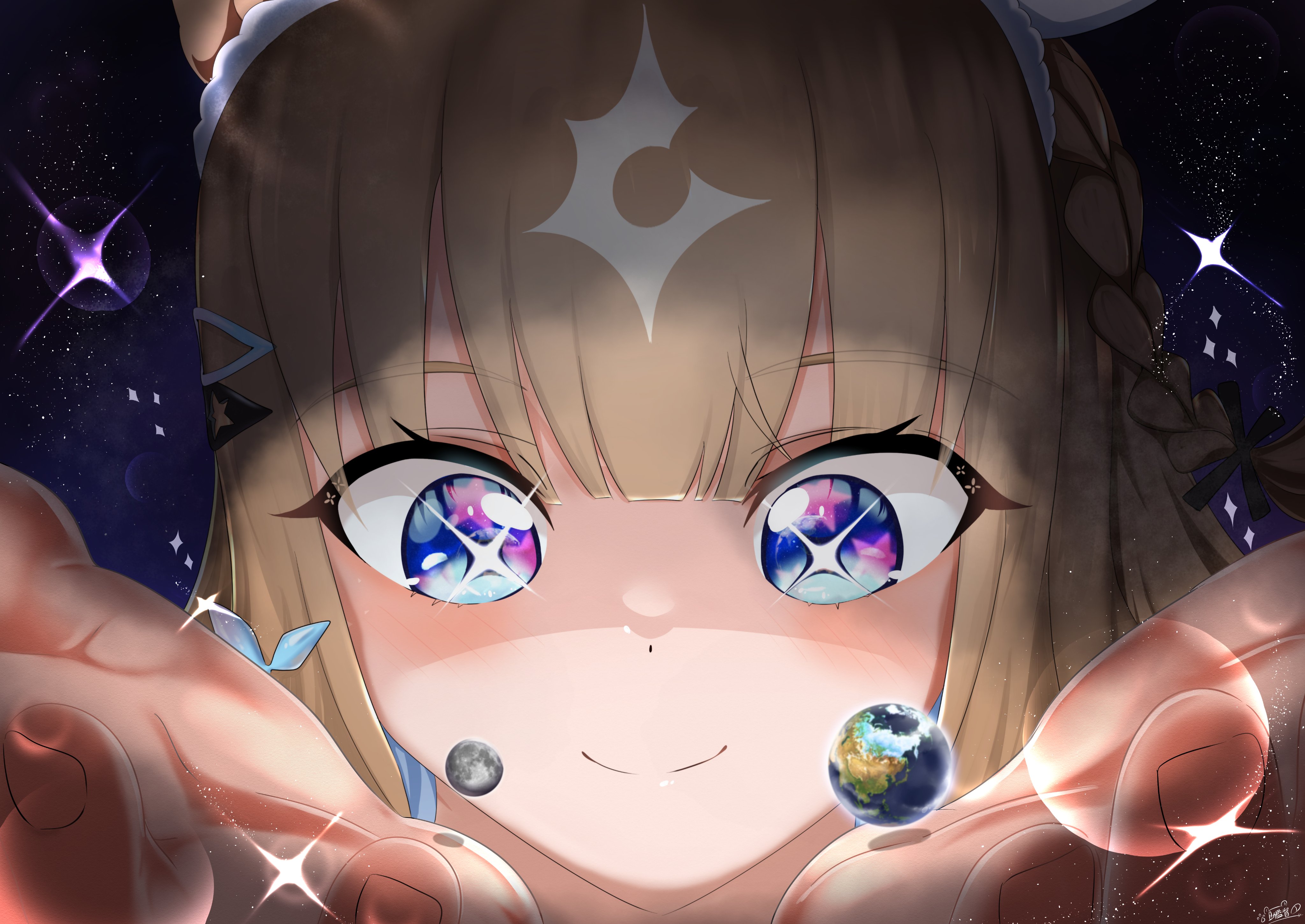 almond eye (umamusume), umamusume, absurdres, commentary request, highres, 1girl, animal ears, blonde hair, blue eyes, blunt bangs, blush, braid, dot nose, earth (planet), facing viewer, giant, giantess, hair ornament, hairpin, horse ears, horse girl, looking down, moon, multicolored eyes, planet, purple eyes, raised eyebrows, sf clockman, short braid, side braid, smile, solo, sparkle background, sparkling eyes, star (sky), star (symbol), star in eye, starry sky background, symbol in eye