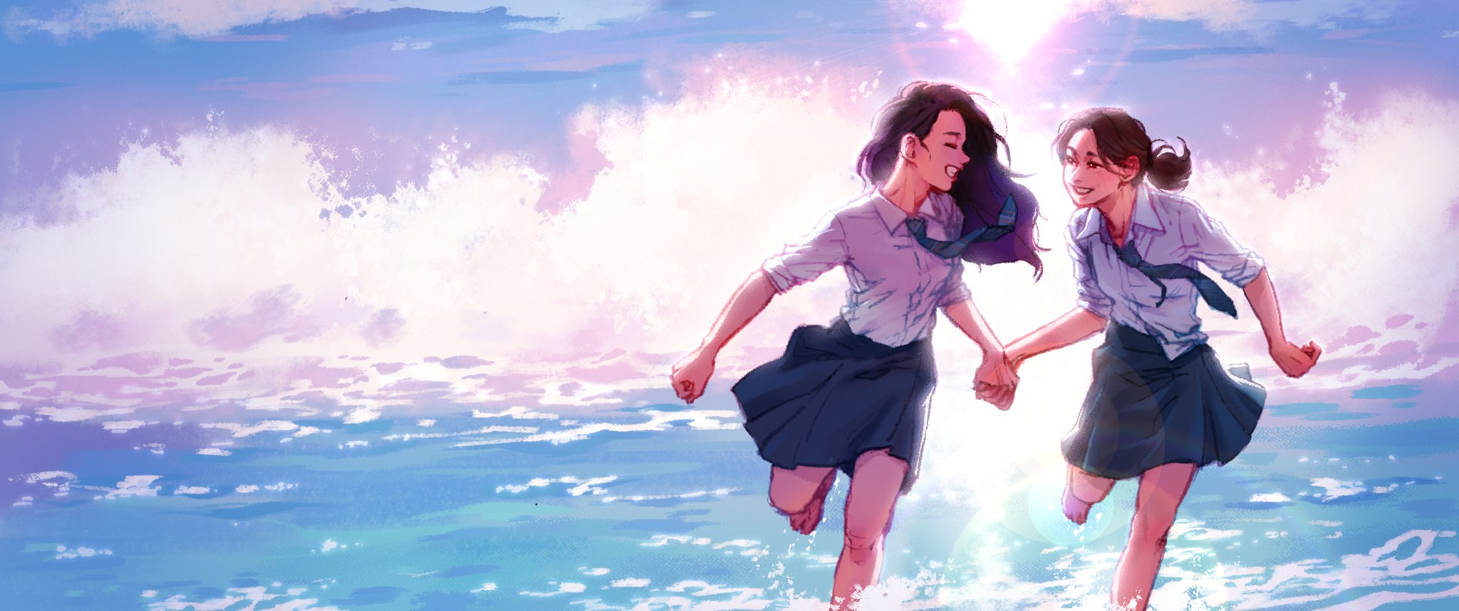 woo seul-gi, yoo je-i, friendly rivalry, commentary request, highres, korean commentary, 2girls, barefoot, closed eyes, collared shirt, holding hands, multiple girls, necktie, ponytail, running, shirt, skirt, sleeves rolled up, smile, sonyeon ssi, wading, water, white shirt
