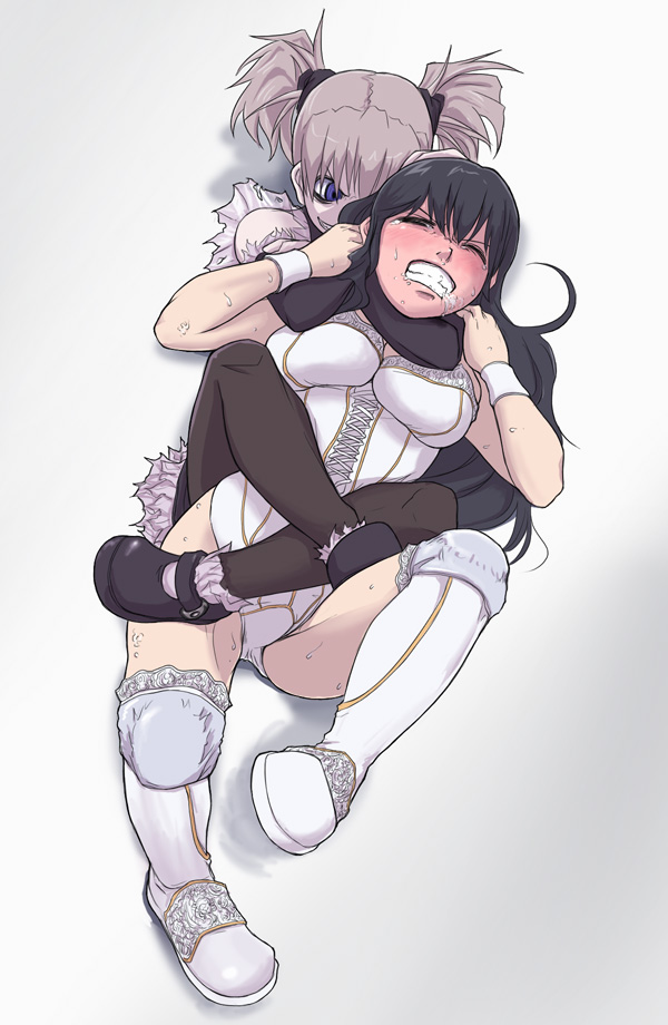 papa (shimeguru), character request, source request, >:d, 2girls, :d, asphyxiation, black hair, blue eyes, boots, breasts, brown hair, bustier, choke hold, clenched teeth, closed eyes, crazy eyes, elbow gloves, female focus, femdom, foaming at the mouth, gloves, grey hair, knee pads, lace, large breasts, leg lift, leg lock, leotard, lingerie, lips, long hair, lying, mary janes, multiple girls, on back, open mouth, pantyhose, rear naked choke, ryona, saliva, shoes, short hair, smile, strangling, submission, submission hold, sweat, teeth, torture, twintails, underwear, v-shaped eyebrows, wrestling