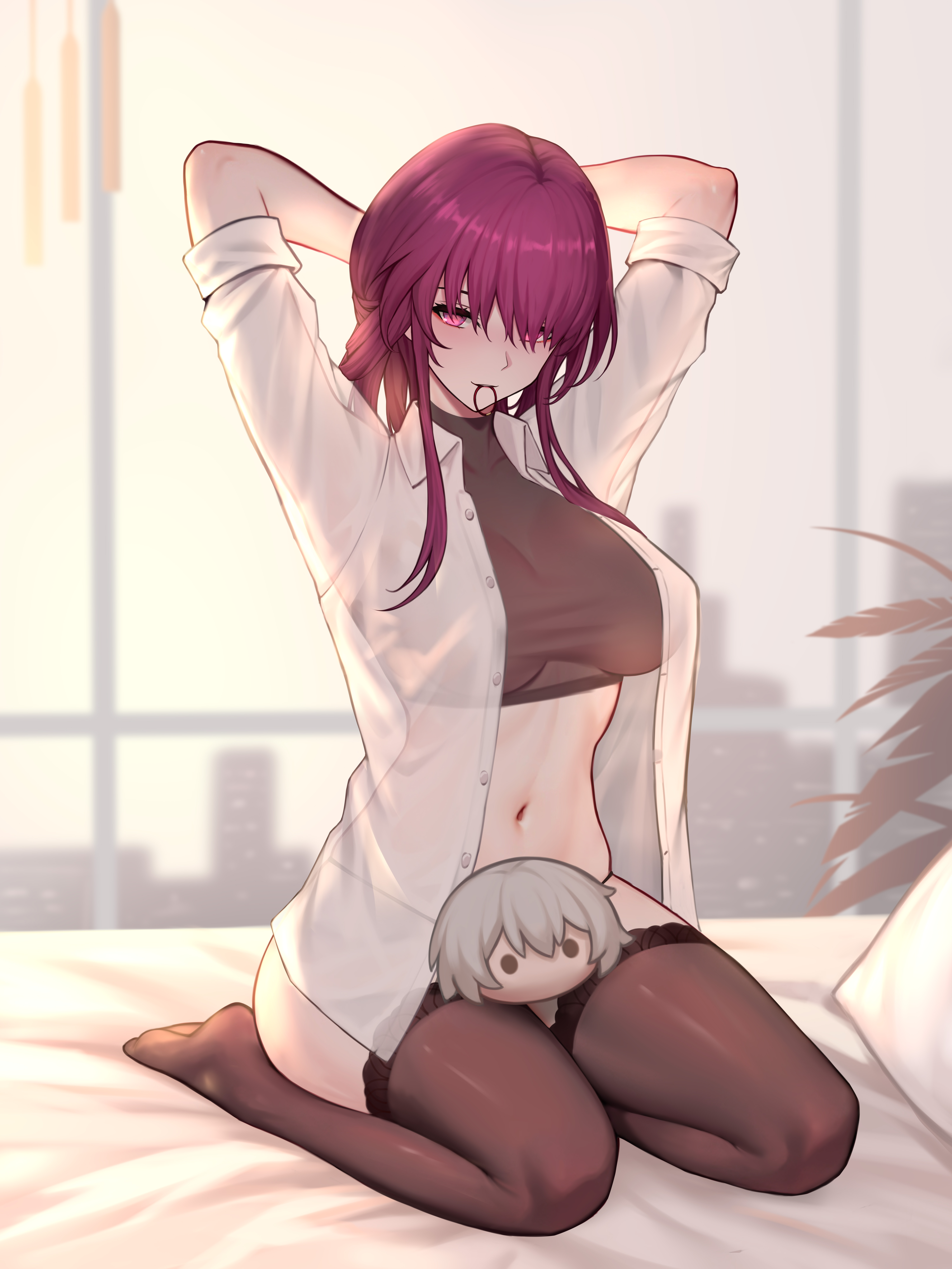 yunkaiming, caelus (honkai: star rail), kafka (honkai: star rail), trailblazer (honkai: star rail), honkai: star rail, honkai (series), absurdres, commentary request, highres, large variant set, variant set, 1girl, arms behind head, arms up, bed, black panties, black shirt, black thighhighs, blush, breasts, character doll, closed mouth, collared shirt, crop top, doll, hair tie in mouth, indoors, large breasts, long hair, looking at viewer, mouth hold, navel, no shoes, on bed, open clothes, open shirt, panties, pillow, purple eyes, purple hair, see-through clothes, see-through shirt, seiza, shirt, sitting, smile, solo, stomach, thighhighs, thighs, underwear, white shirt