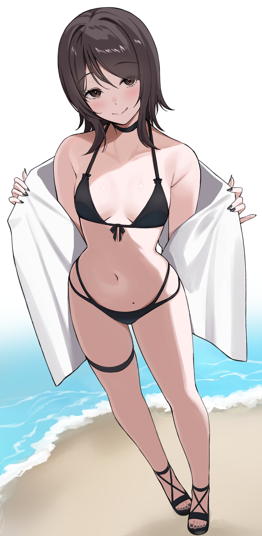 sukebewe, original, highres, 1girl, bare shoulders, bikini, black bikini, blush, breasts, brown eyes, brown hair, choker, full body, long sleeves, looking at viewer, medium hair, navel, off shoulder, shirt, small breasts, smile, solo, swimsuit, white shirt
