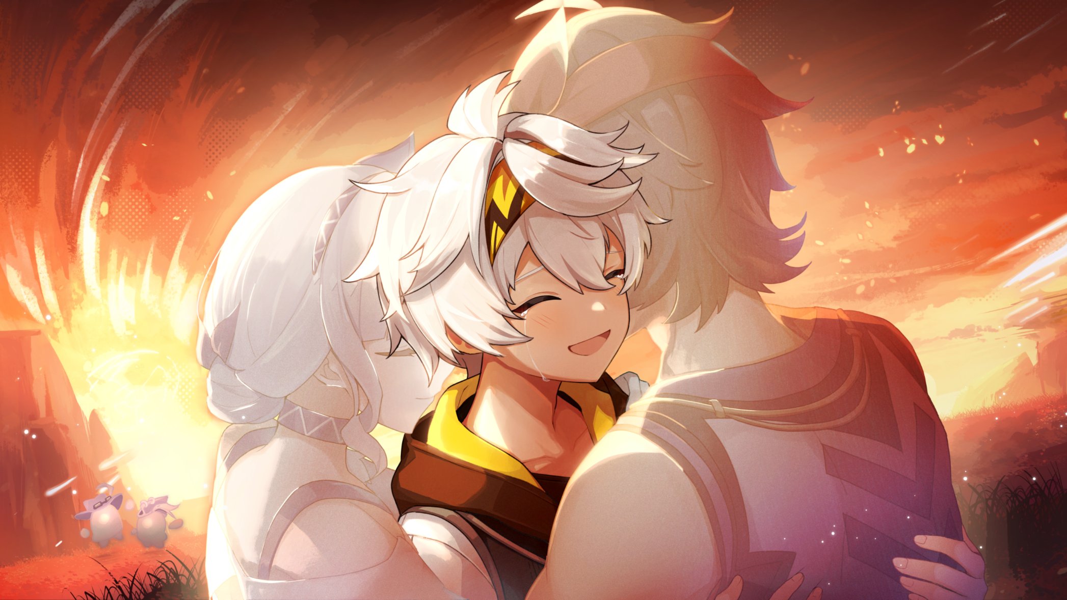 merry-san, bennett (adventures in blazing hue) (genshin impact), bennett (genshin impact), genshin impact, commentary request, highres, second-party source, 1girl, 2boys, aroni (genshin impact), bandana, closed eyes, ghost, hug, macani (genshin impact), multiple boys, open mouth, smile, tears, white hair