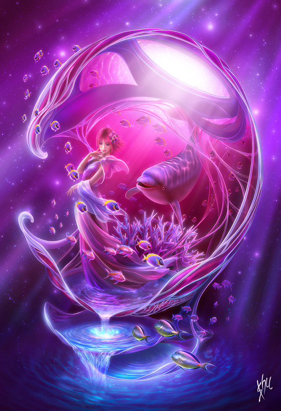 shu, shu (littlebit), original, 1girl, animal, dolphin, female focus, fish, signature, solo, star (symbol), water