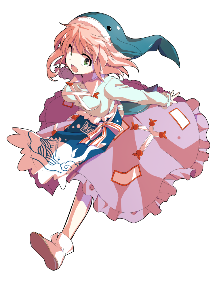 dairi, okunoda miyoi, lotus eaters, touhou, commentary request, large variant set, variant set, 1girl, :o, alphes (style), apron, arms behind back, blue apron, blue hat, boots, breasts, cetacean tail, collared shirt, fins, fish girl, fish tail, from above, full body, green eyes, hat, light smile, long sleeves, looking at viewer, medium breasts, medium hair, messy hair, open mouth, parody, parted lips, pink hair, purple skirt, shirt, simple background, skirt, solo, style parody, sweatdrop, tachi-e, tail, transparent background, two-tone apron, whale hat, white apron, white boots, white shirt, wide-eyed