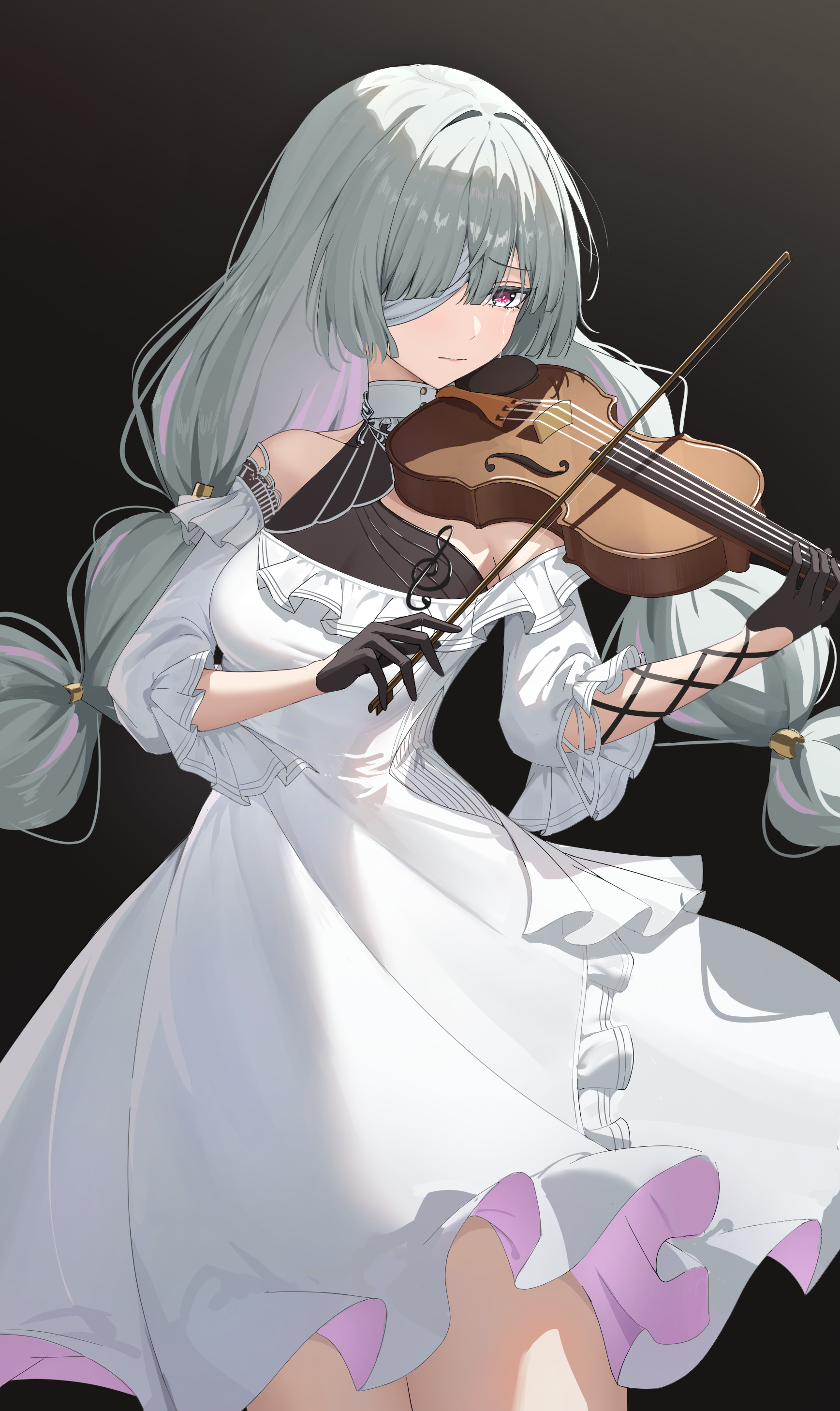 luoboko, phrolova (wuthering waves), wuthering waves, absurdres, commentary, highres, 1girl, bandage over one eye, bare shoulders, black background, black gloves, braid, breasts, closed mouth, cowboy shot, crying, crying with eyes open, dress, gloves, grey eyes, grey hair, instrument, long dress, long hair, low twin braids, medium breasts, multicolored hair, music, musical note ornament, playing instrument, sad, simple background, solo, streaked hair, tears, twin braids, violin, white dress