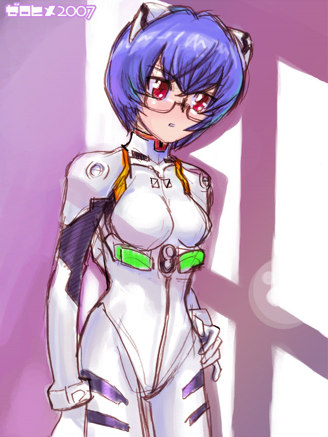 zero hime, ayanami rei, tabitha (zero no tsukaima), neon genesis evangelion, zero no tsukaima, 00s, 1girl, 2007, artist name, ayanami rei (cosplay), bodysuit, bracer, breasts, cosplay, cowboy shot, crossover, dated, female focus, glasses, gloves, hair between eyes, hair ornament, hand on own hip, interface headset (evangelion), lens flare, look-alike, looking to the side, mecha pilot suit, plugsuit (evangelion), purple background, semi-rimless eyewear, shadow, sketch, small breasts, solo, thigh gap, trait connection, turtleneck, under-rim eyewear