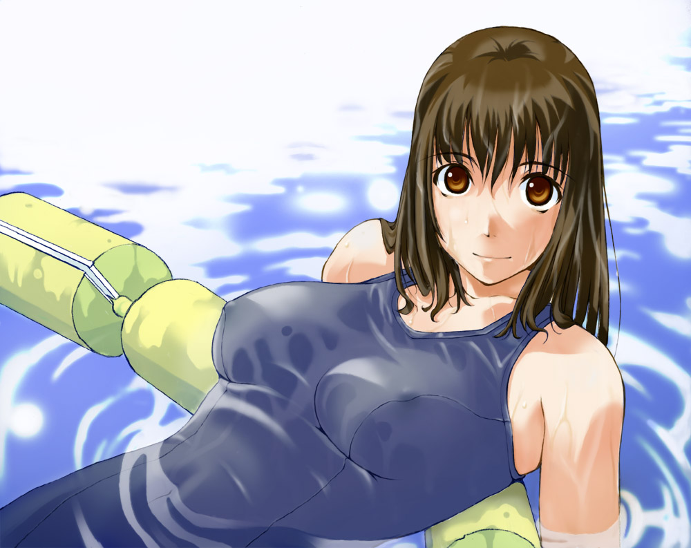 takeda sun, 1girl, breasts, brown eyes, brown hair, covered erect nipples, female focus, lane line, large breasts, leaning back, long hair, lying, on back, one-piece swimsuit, pool, ripples, school swimsuit, smile, solo, swimsuit, water, wet