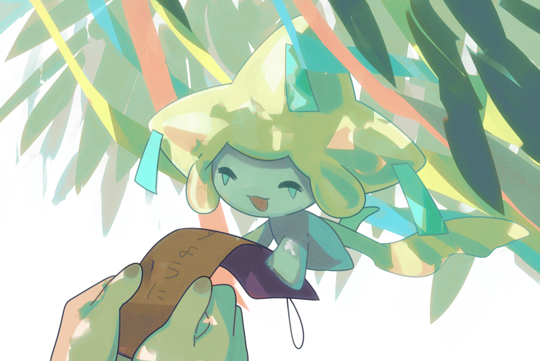 kura (shironagasu02), jirachi, nintendo, pokemon, commentary request, highres, 1other, :d, closed eyes, gen 3 pokemon, happy, holding, leaf, legendary pokemon, mythical pokemon, open mouth, pokemon (creature), smile, white background