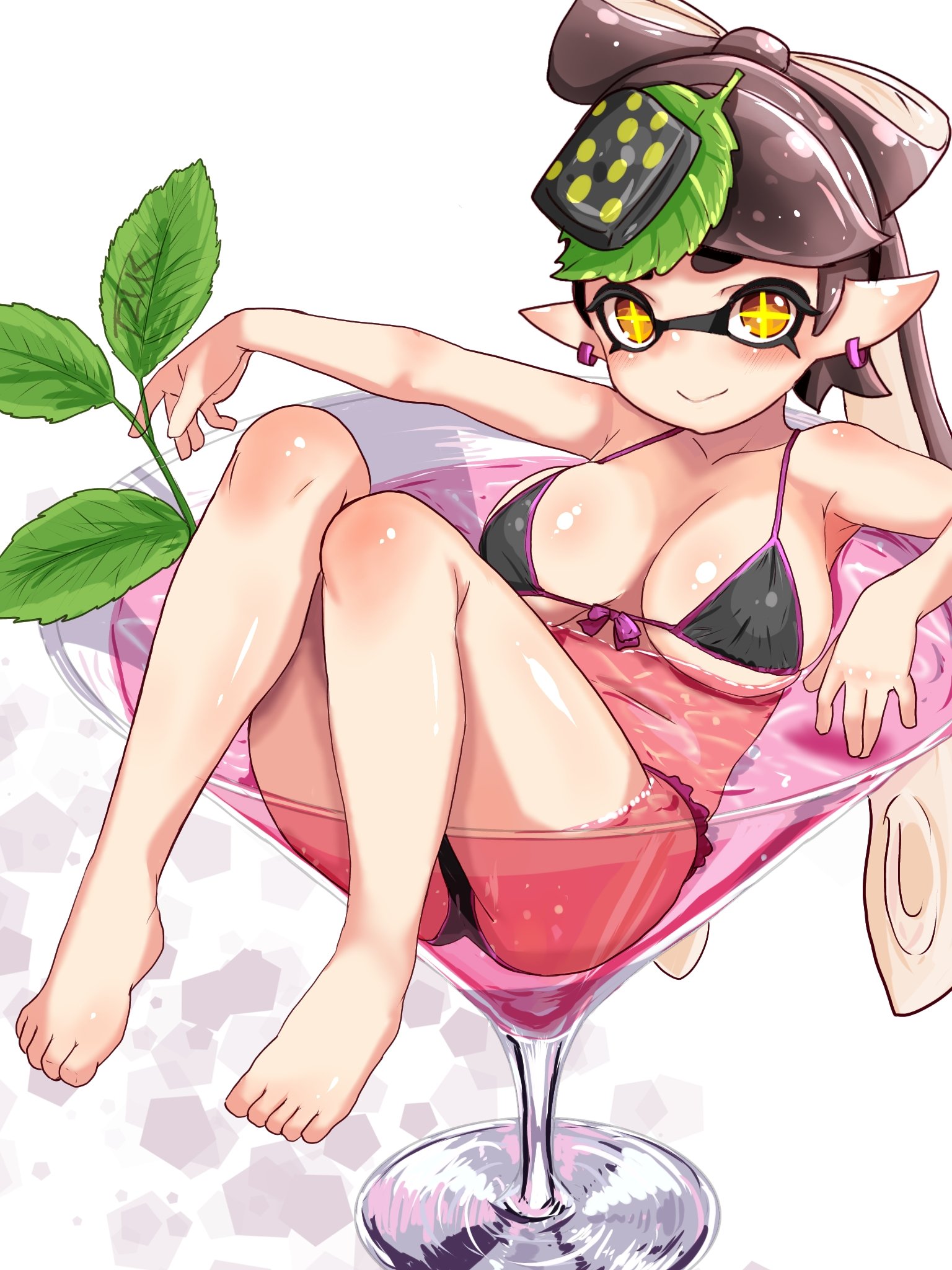 t2ukmyjm, callie (splatoon), nintendo, splatoon (series), + +, 1girl, alcohol, ass, bikini, blush, breasts, earrings, inkling, jewelry, large breasts, pointy ears, swimsuit, tentacle hair, twintails, yellow eyes