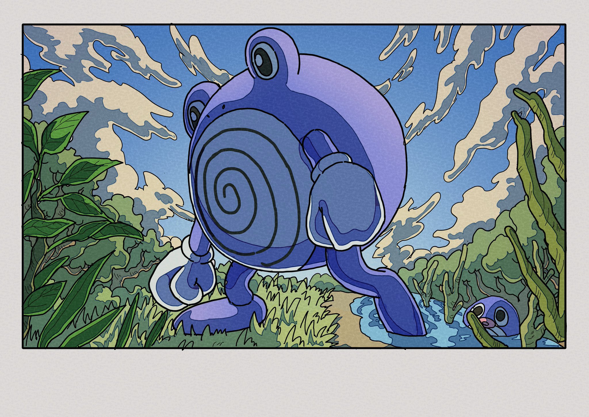 onamuzi illust, poliwag, poliwhirl, nintendo, pokemon, highres, animal focus, blue sky, closed mouth, cloud, day, full body, gen 1 pokemon, grass, lake, no humans, open mouth, outdoors, plant, pokemon (creature), pokemon focus, shore, sky, water