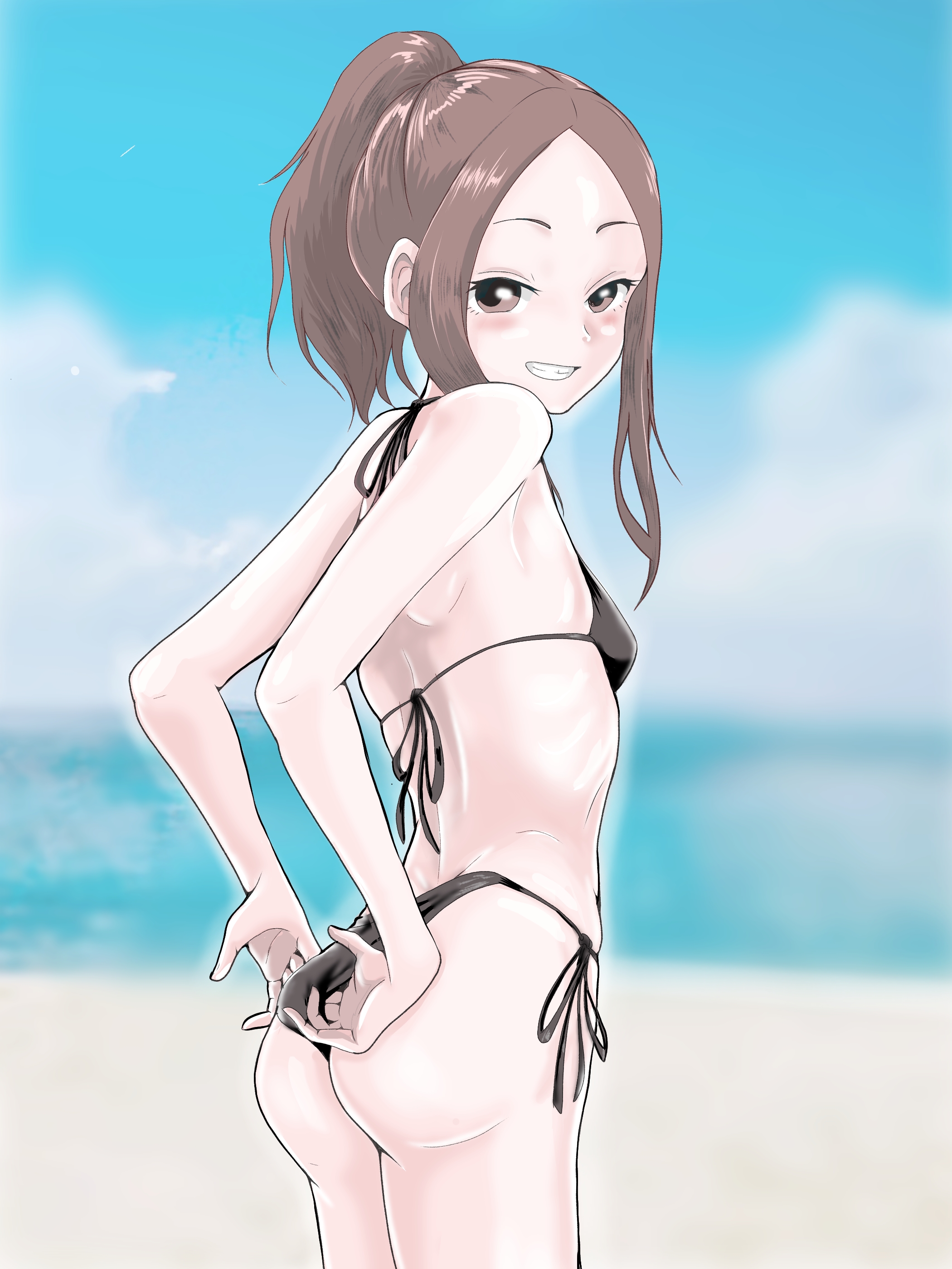 hatomugi (user datj4345), takagi-san, karakai jouzu no (moto) takagi-san, karakai jouzu no takagi-san, absurdres, commentary request, highres, revision, 1girl, ass, beach, bikini, black bikini, blue sky, blurry, blurry background, breasts, brown eyes, brown hair, clenched teeth, cloud, day, grin, looking at viewer, ocean, outdoors, short hair, side-tie bikini bottom, sidelocks, sky, small breasts, smile, solo, swimsuit, teeth