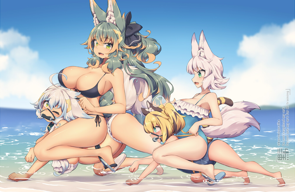 kuromiya, fukunomiya koko (kuromiya), kuromiya raika (kuromiya), shiromiya asuka (kuromiya), torafuji nagi (kuromiya), original, 4girls, animal ear fluff, animal ears, bikini, bit gag, black bikini, blonde hair, blue one-piece swimsuit, blue sky, breasts, cloud, day, gag, green eyes, green hair, large breasts, long hair, looking at viewer, multicolored hair, multiple girls, ocean, one-piece swimsuit, open mouth, orange hair, outdoors, riding, short hair, sitting, sitting on person, sky, swimsuit, tail, two-tone hair, white hair
