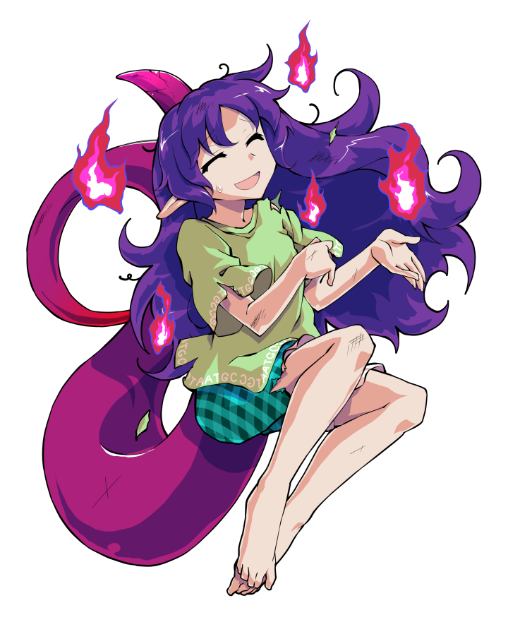 dairi, tenkajin chiyari, touhou, commentary request, large variant set, variant set, 1girl, alphes (style), barefoot, defeat, fire, full body, green shirt, green shorts, horns, long hair, parody, purple hair, purple horns, purple tail, shirt, short sleeves, shorts, single horn, solo, style parody, tachi-e, tail, tears, torn clothes, torn shirt, transparent background