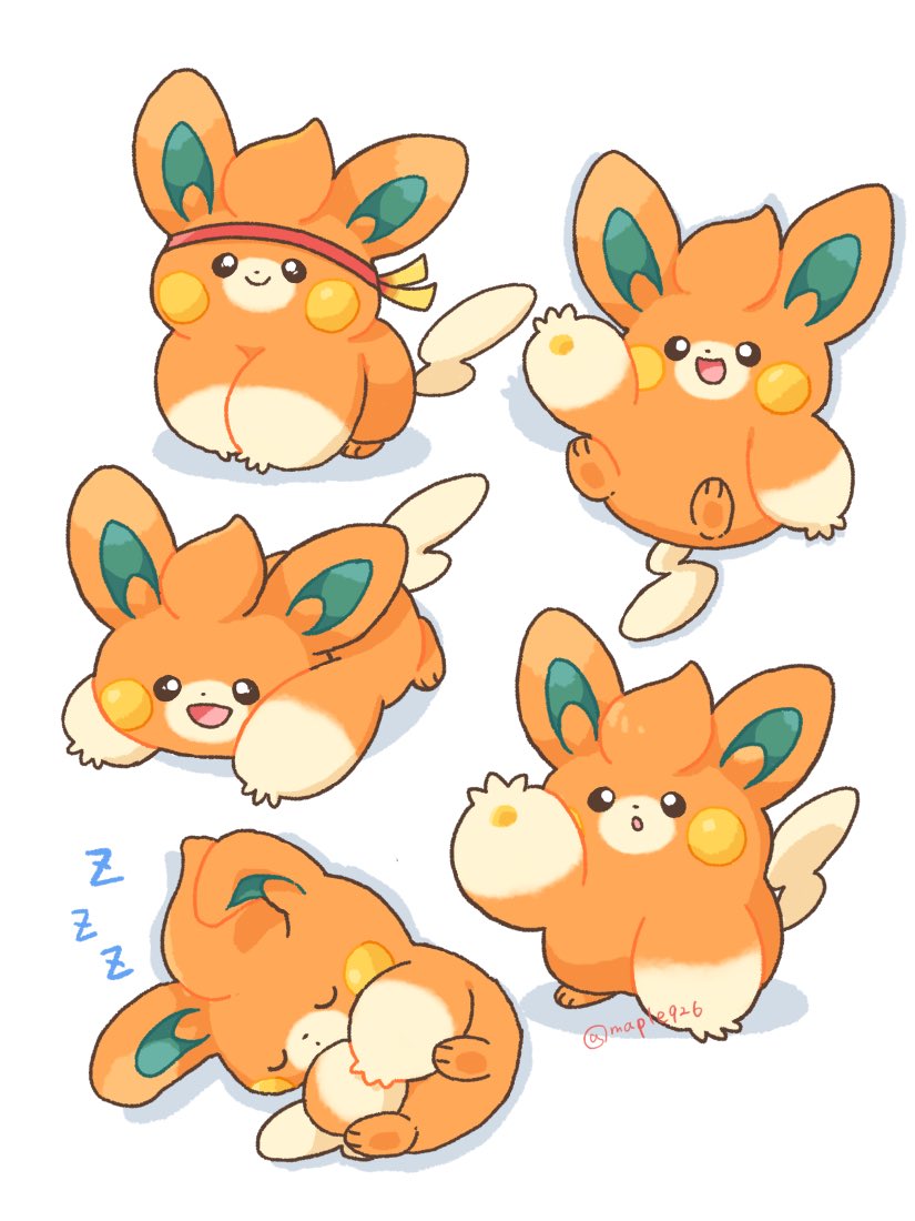 kana (maple926), pawmi, nintendo, pokemon, animal focus, closed eyes, closed mouth, full body, headband, looking at viewer, no humans, open clothes, open mouth, pokemon (creature), pokemon focus, simple background, sleeping, smile, white background