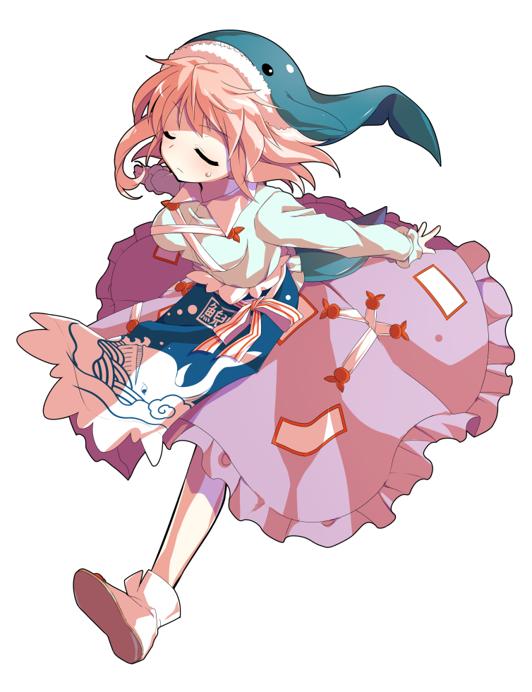 dairi, okunoda miyoi, lotus eaters, touhou, commentary request, large variant set, variant set, 1girl, alphes (style), apron, arms behind back, blue apron, blue hat, blush, boots, breasts, cetacean tail, closed eyes, closed mouth, collared shirt, facing viewer, fins, fish girl, fish tail, from above, full body, hat, light blush, light frown, light smile, long sleeves, medium breasts, medium hair, messy hair, parody, parted lips, pink hair, purple skirt, shirt, simple background, skirt, solo, style parody, sweatdrop, tachi-e, tail, transparent background, two-tone apron, whale hat, white apron, white boots, white shirt