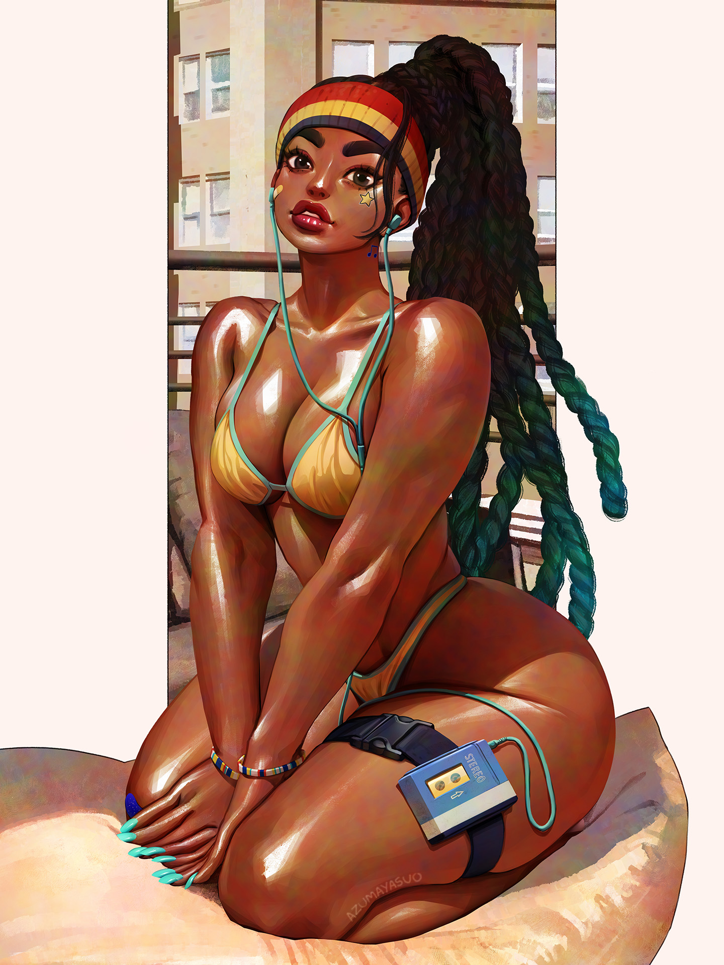 azuma yasuo, kimberly jackson, street fighter, street fighter 6, walkman, highres, 1girl, aqua hair, aqua nails, aqua trim, bandaid, bandaid on face, bikini, black hair, bracelet, breasts, brown lips, cleavage, colored tips, dark skin, dreadlocks, earbuds, earphones, highleg, highleg bikini, jewelry, looking at viewer, multicolored hair, multicolored headband, official alternate costume, official alternate hairstyle, parted lips, seiza, sitting, solo, sticker on face, swimsuit, thick eyebrows, thick thighs, thigh strap, thighs, very dark skin, wide hips, yellow bikini
