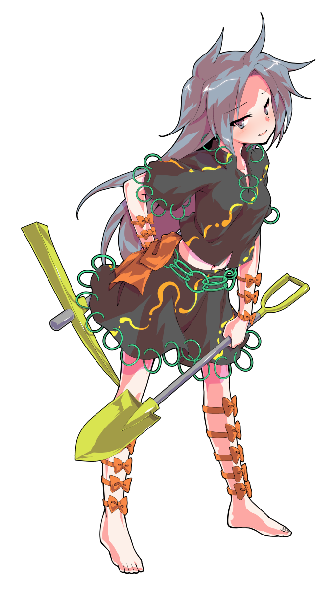 dairi, himemushi momoyo, touhou, commentary request, highres, large variant set, variant set, 1girl, alphes (style), arm bow, arm strap, barefoot, black shirt, black skirt, blush, bow, breasts, collarbone, collared shirt, full body, grey eyes, grey hair, holding, holding pickaxe, holding shovel, jewelry, long hair, midriff, multiple arm straps, multiple thigh straps, open mouth, orange bow, parody, pickaxe, ring, shirt, shovel, simple background, skirt, skirt set, small breasts, solo, standing, style parody, tachi-e, thigh bow, transparent background, very long hair