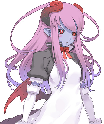 astaroth (shinrabanshou), shinrabanshou, lowres, 1girl, black irises, black sclera, blue skin, blush, colored sclera, colored skin, demon girl, elbow gloves, female focus, gloves, high collar, long hair, low wings, maid, pointy ears, purple hair, red eyes, simple background, solo, white background, wings
