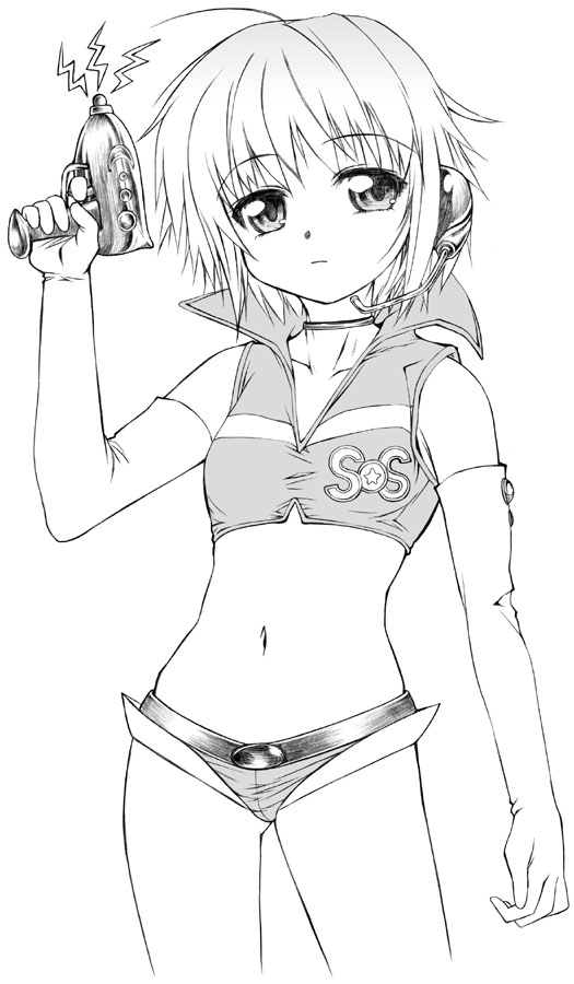 yamaguchi homupe, nagato yuki, suzumiya haruhi no yuuutsu, 00s, 1girl, choker, elbow gloves, energy gun, female focus, flat chest, gloves, greyscale, headset, midriff, monochrome, ray gun, short hair, short shorts, shorts, simple background, solo, sos galactic patrol, weapon, white background