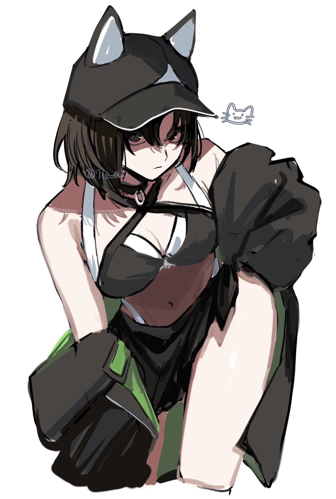 710 ao, ryougi shiki, ryougi shiki (swimsuit mooncancer), fate/grand order, fate (series), highres, 1girl, ahoge, animal ears, bare shoulders, baseball cap, bikini, black bikini, black hat, black jacket, breasts, brown hair, cat ears, choker, cleavage, grey eyes, hat, jacket, long sleeves, looking at viewer, medium breasts, multicolored bikini, off shoulder, parted bangs, sarong, short hair, solo, swimsuit, two-tone bikini, white bikini