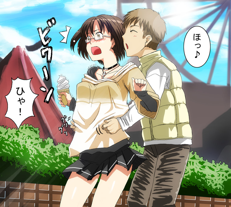 bikusen, original, 1boy, 1girl, blush, brown eyes, brown hair, cross, food, glasses, ice cream, miniskirt, short hair, skirt, surprised, surprised arms, tickling, vest